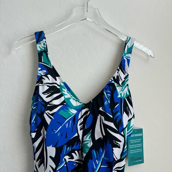 Maxine Of Hollywood Swim One Piece Blue Green Black White Tropical Leah NWT - Picture 2 of 13